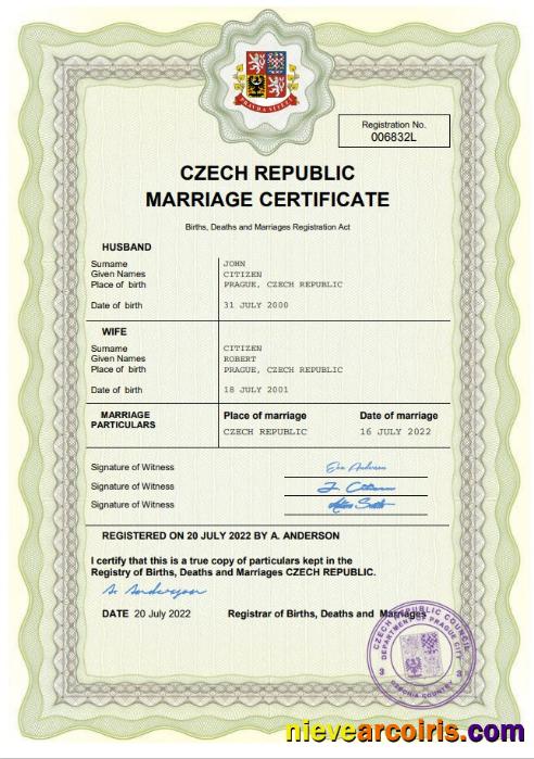 Czech Republic marriage certificate
